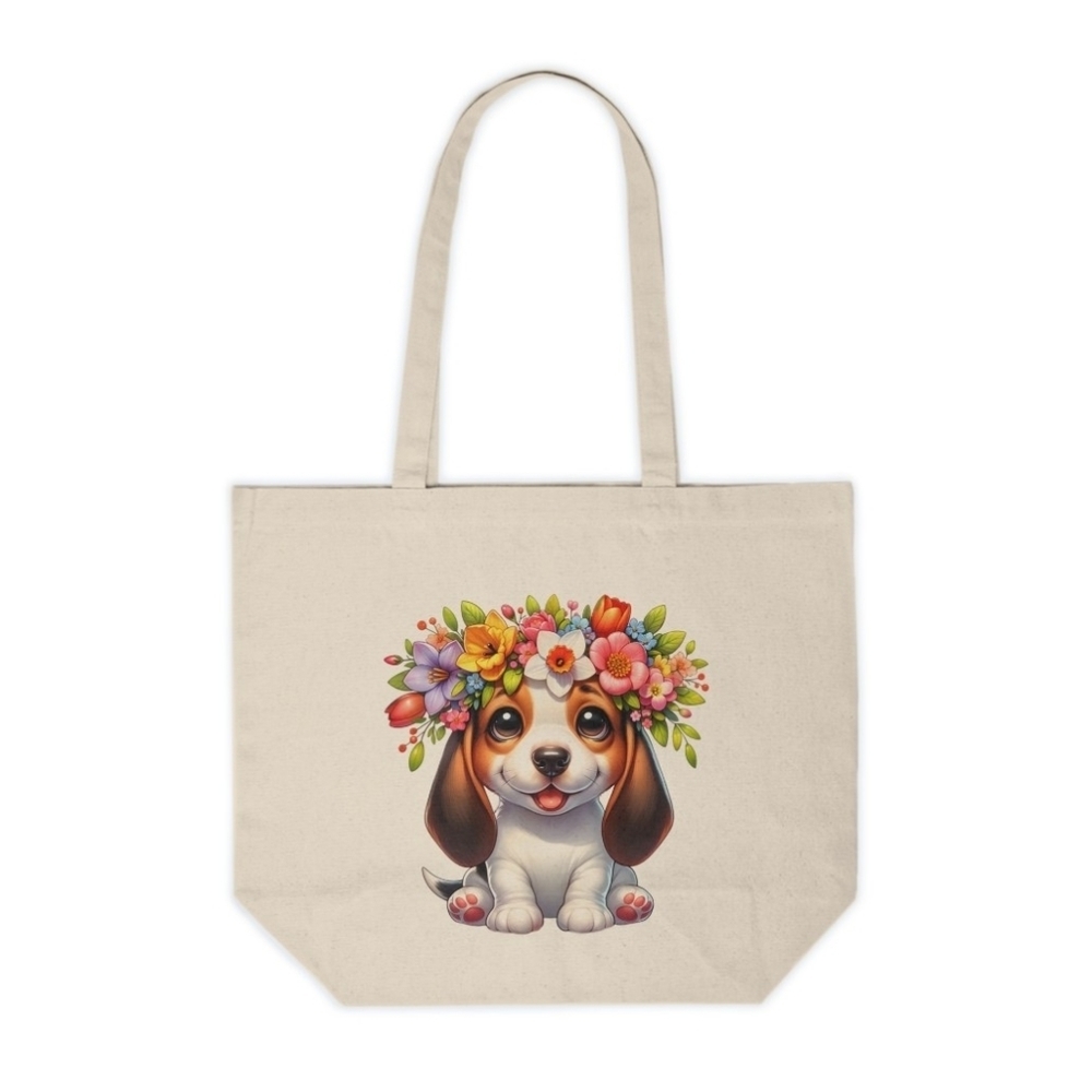 Floral Crown Bassett Hound Custom Canvas Tote Bag